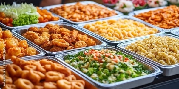 Fototapeta Assorted buffet dishes including fried snacks- pasta- and fresh salads- highlighting a variety of food options in a catering service.