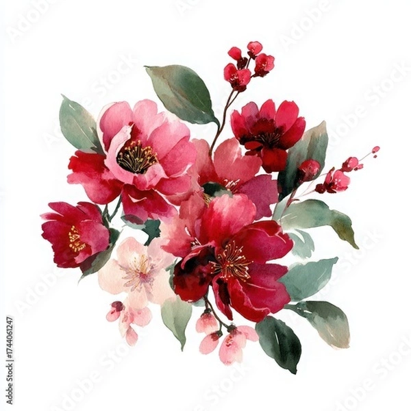 Obraz Vibrant Watercolor Illustration of Red and Pink Florals on a Crisp White Background