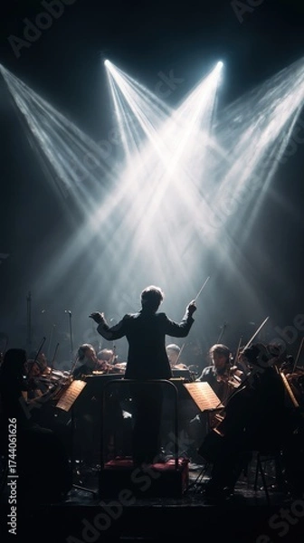 Obraz Powerful Conductor Leading Orchestra in Passionate Performance with Dramatic Lighting and Engaged Musicians