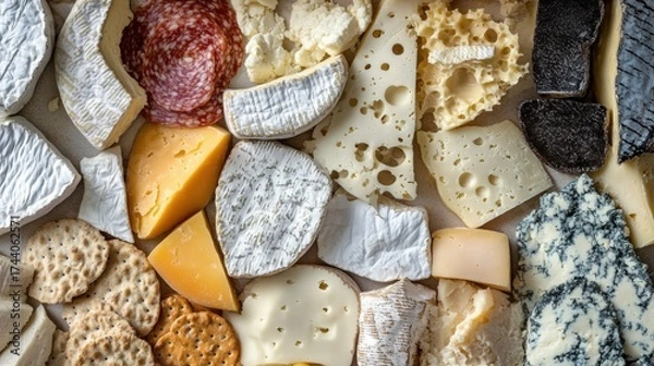 Fototapeta Variety of artisanal cheeses in different textures and colors- creating a rich- gourmet food background for culinary and dairy product themes.