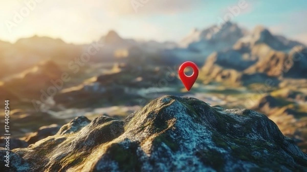Fototapeta A red location pin icon floating above a detailed mountain landscape in warm sunlight- symbolizing navigation and location.