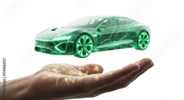 Fototapeta Hand holding a digital futuristic car simulation isolated PNG with Transparent Background