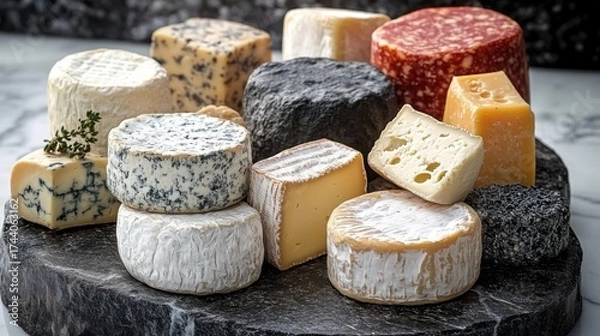 Fototapeta Variety of artisanal cheeses in different textures and colors- creating a rich- gourmet food background for culinary and dairy product themes.