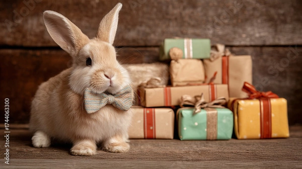 Fototapeta An adorable bunny wearing a festive bow tie, sitting next to a pile of wrapped gifts. The bunny's inquisitive expression adds a charming touch to this holiday scene.
