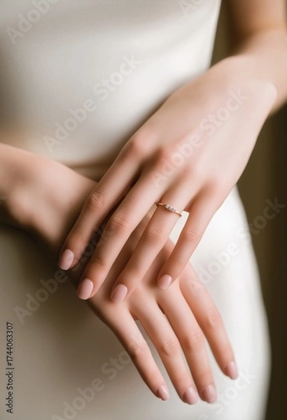Obraz Close-Up of Elegant Female Hands Showcasing Delicate Ring Against Soft Background