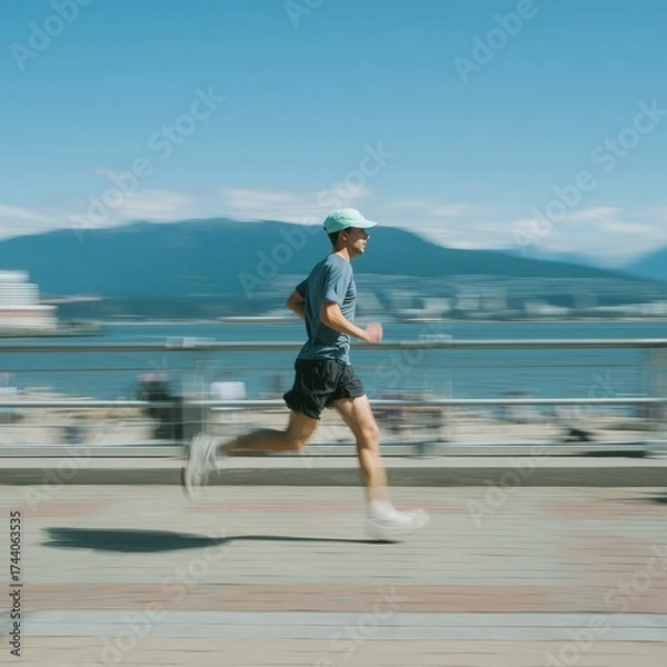 Obraz Dynamic Male Runner in Urban Environment with Water View and Blue Sky