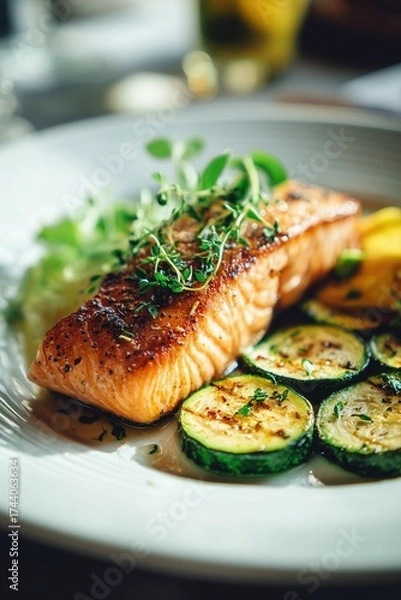 Obraz Beautifully Plated Grilled Salmon with Sautéed Zucchini and Fresh Greens for a Keto Lunch Delight