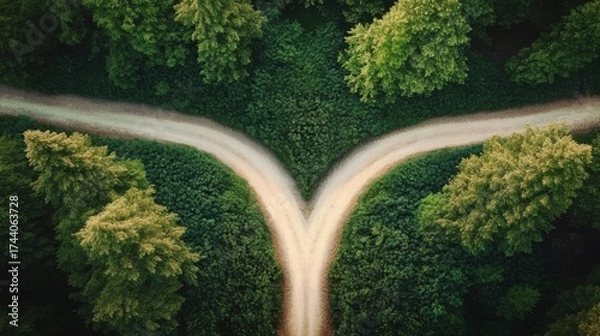 Fototapeta Aerial view of a fork in a forest pathway with two diverging roads- surrounded by dense- vibrant green trees- symbolizing choice and decision-making.