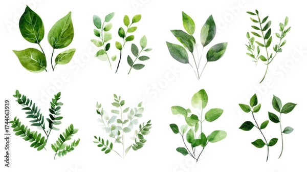 Obraz Vector set of green leaves and floral elements for natural design and spring or summer illustration