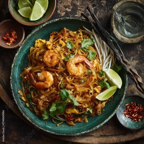 Obraz Delicious Pad Thai with Fresh Shrimp, Bean Sprouts, Lime Wedges, and Herbs Served in a Rustic Bowl