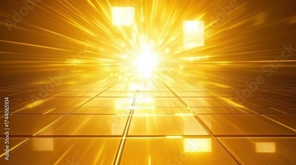 Fototapeta Abstract burst of bright golden light extending from a reflective tile floor- creating a radiant and futuristic atmosphere.