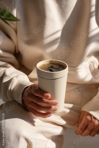 Obraz Stylish Minimalist Coffee Tumbler in Model's Hand During Photoshoot in Natural Light