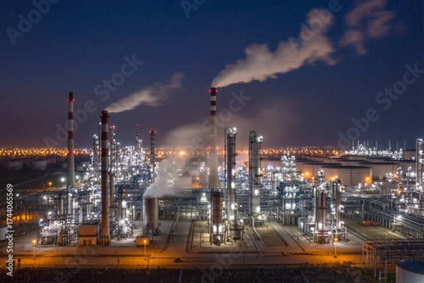 Obraz Ultra-detailed 8K night view of oil refinery plant with illuminated pipelines and rising smoke