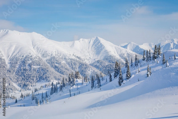 Obraz Ultra-realistic 8K panoramic view of snow-covered mountains with pine trees and clear blue sky