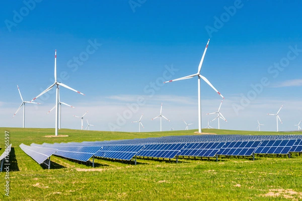 Obraz Ultra-realistic 8K image of wind turbines and solar panels in a large renewable energy field under blue sky