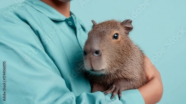 Obraz Doctor holds a capybara in arms against a light blue background, showcasing a unique bond with the animal