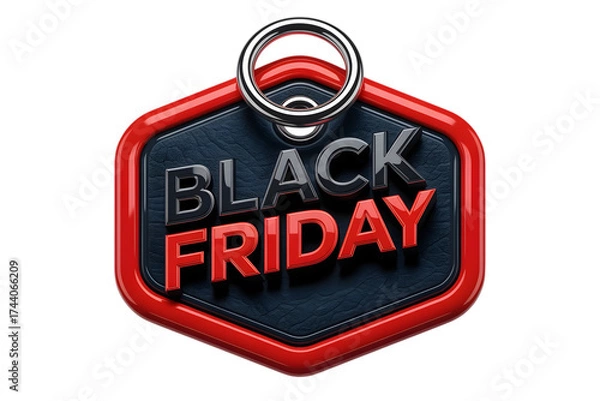Obraz Black friday tag with red border and metal ring, isolated on transparent background