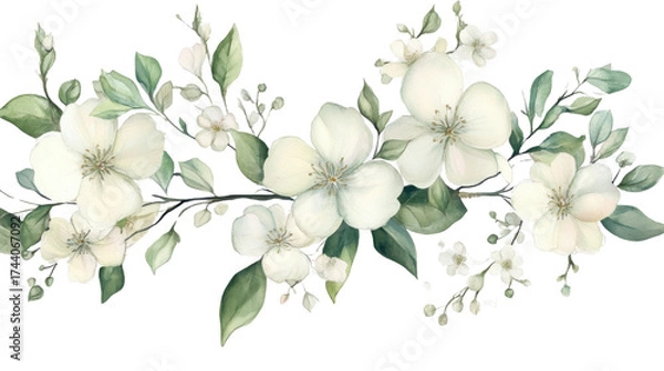 Obraz White flowers blossom on a white background, a beautiful closeup of nature's spring branch