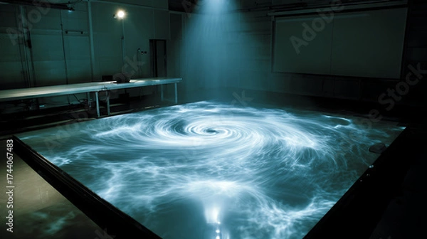 Fototapeta Holographic display interacting with a sheet of flowing liquid mercury showing dynamic light patterns and texture details, a holographic mercury interaction.
