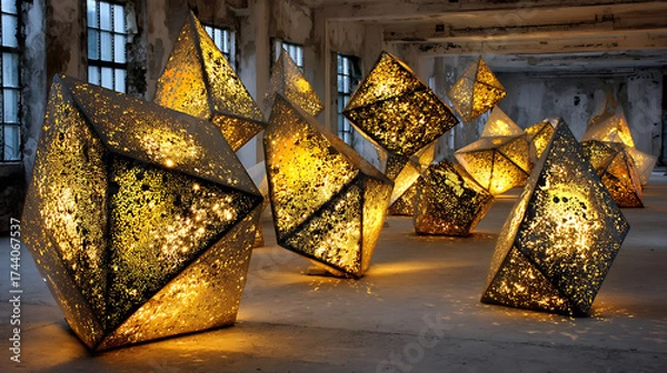 Fototapeta Glowing geometric sculptures made of porous metal catching and diffusing surreal sunset light in an empty industrial space, an artistic industrial display.
