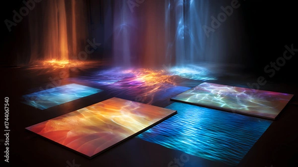 Fototapeta Holographic display interacting with a sheet of flowing liquid mercury showing dynamic light patterns and texture details, a holographic mercury interaction.