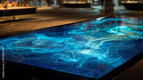Fototapeta Holographic display interacting with a sheet of flowing liquid mercury showing dynamic light patterns and texture details, a holographic mercury interaction.