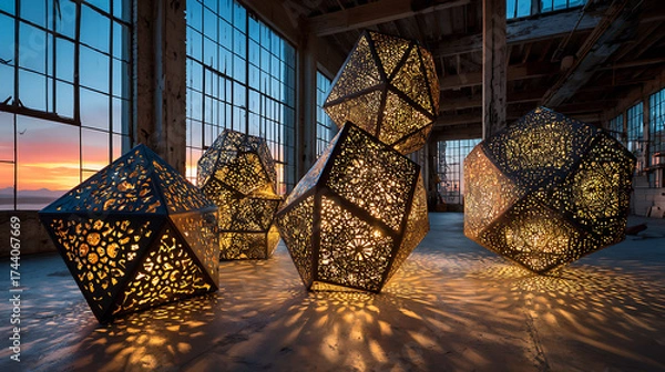 Fototapeta Glowing geometric sculptures made of porous metal catching and diffusing surreal sunset light in an empty industrial space, an artistic industrial display.