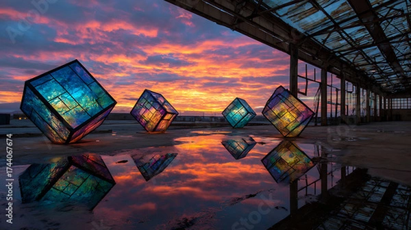 Fototapeta Glowing geometric sculptures made of porous metal catching and diffusing surreal sunset light in an empty industrial space, an artistic industrial display.