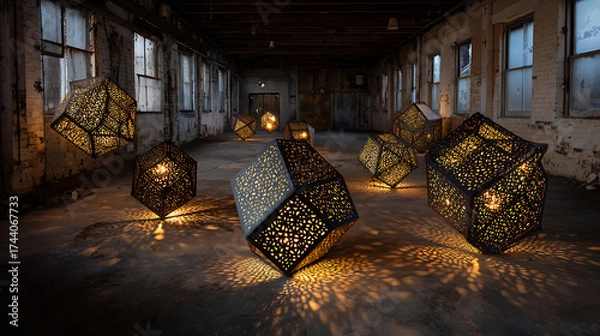 Fototapeta Glowing geometric sculptures made of porous metal catching and diffusing surreal sunset light in an empty industrial space, an artistic industrial display.