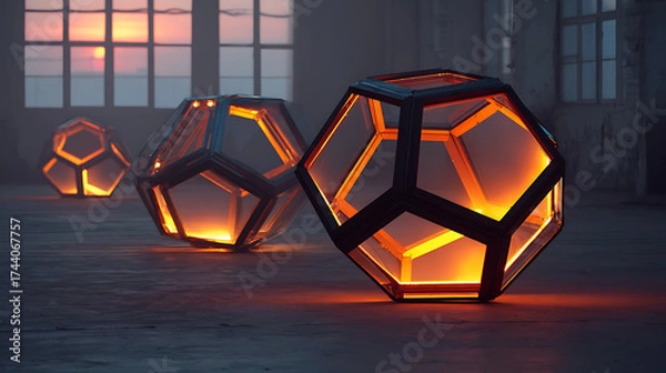 Fototapeta Glowing geometric sculptures made of porous metal catching and diffusing surreal sunset light in an empty industrial space, an artistic industrial display.