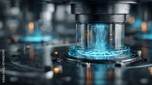 Fototapeta Futuristic laboratory with glowing plasma beams interacting with transparent composite materials and creating light flares, a high - tech lab scene.