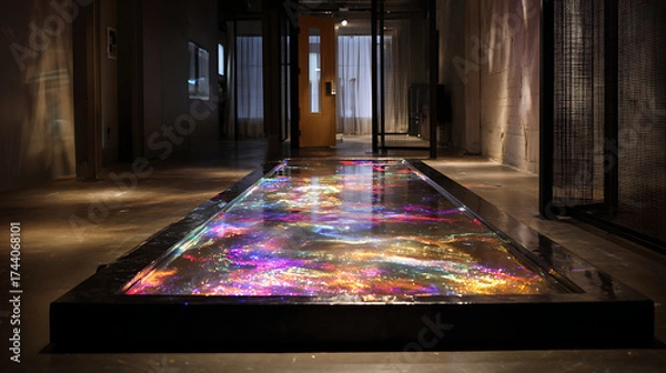 Fototapeta Ethereal liquid metal pool reflecting a sky filled with holographic projections and soft diffused light, an otherworldly metallic scene.