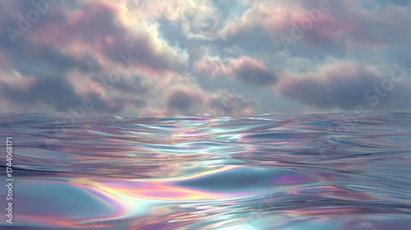Fototapeta Ethereal liquid metal pool reflecting a sky filled with holographic projections and soft diffused light, an otherworldly metallic scene.