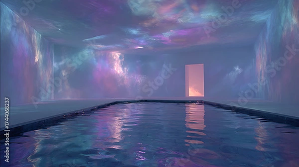 Fototapeta Ethereal liquid metal pool reflecting a sky filled with holographic projections and soft diffused light, an otherworldly metallic scene.