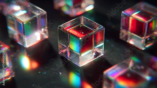 Fototapeta Crystalline structure of a futuristic material catching surreal neon light and casting prismatic shadows on dark surface, a futuristic visual spectacle.