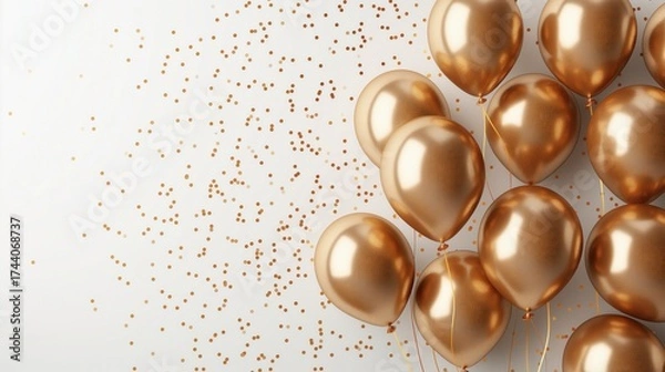 Fototapeta A collection of golden balloons scattered with confetti on a white background. Ideal for celebrations, anniversaries, and milestone events.