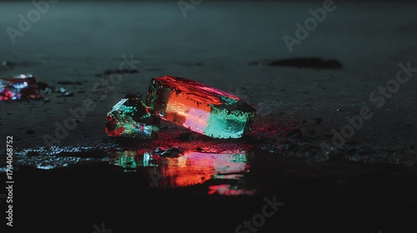 Fototapeta Crystalline structure of a futuristic material catching surreal neon light and casting prismatic shadows on dark surface, a futuristic visual spectacle.