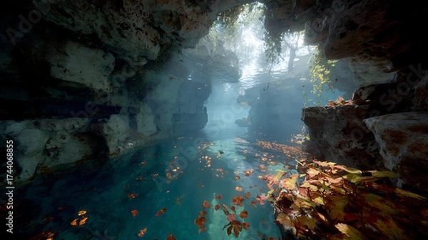 Fototapeta Bioluminescent underwater cave with light refracting through crystalline water and floating organic particles, a photorealistic underwater wonder.