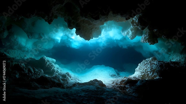 Fototapeta Bioluminescent underwater cave with light refracting through crystalline water and floating organic particles, a photorealistic underwater wonder.