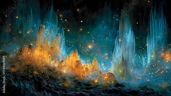 Fototapeta Bioluminescent underwater cave with light refracting through crystalline water and floating organic particles, a photorealistic underwater wonder.