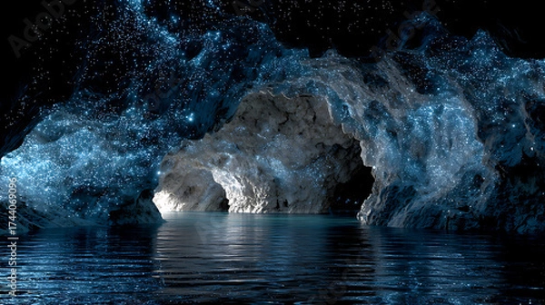 Fototapeta Bioluminescent underwater cave with light refracting through crystalline water and floating organic particles, a photorealistic underwater wonder.