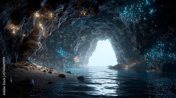 Fototapeta Bioluminescent underwater cave with light refracting through crystalline water and floating organic particles, a photorealistic underwater wonder.