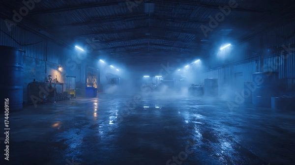 Fototapeta Atmospheric industrial workshop with blue laser beams piercing smoke, creating Tyndall effect, hyperdetailed scene for industrial look and feel.