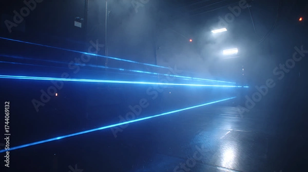 Fototapeta Atmospheric industrial workshop with blue laser beams piercing smoke, creating Tyndall effect, hyperdetailed scene for industrial look and feel.
