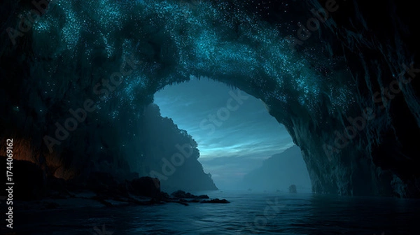 Fototapeta Bioluminescent underwater cave with light refracting through crystalline water and floating organic particles, a photorealistic underwater wonder.