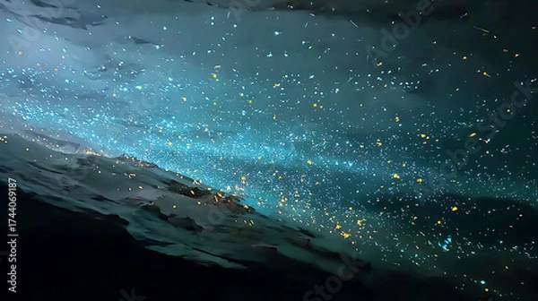 Fototapeta Bioluminescent underwater cave with light refracting through crystalline water and floating organic particles, a photorealistic underwater wonder.