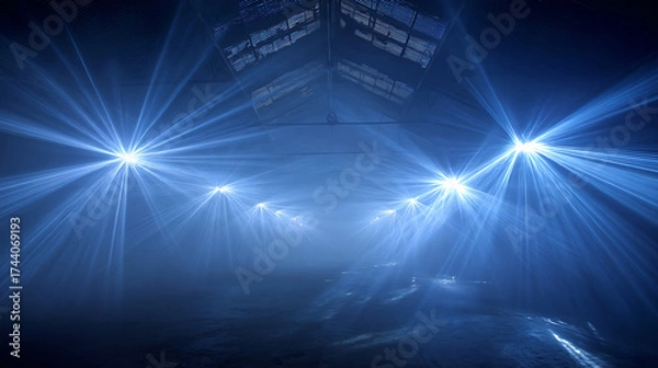 Fototapeta Atmospheric industrial workshop with blue laser beams piercing smoke, creating Tyndall effect, hyperdetailed scene for industrial look and feel.