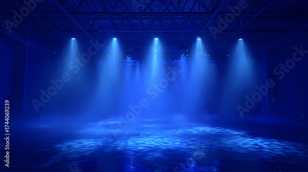 Fototapeta Atmospheric industrial workshop with blue laser beams piercing smoke, creating Tyndall effect, hyperdetailed scene for industrial look and feel.