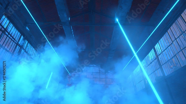 Fototapeta Atmospheric industrial workshop with blue laser beams piercing smoke, creating Tyndall effect, hyperdetailed scene for industrial look and feel.