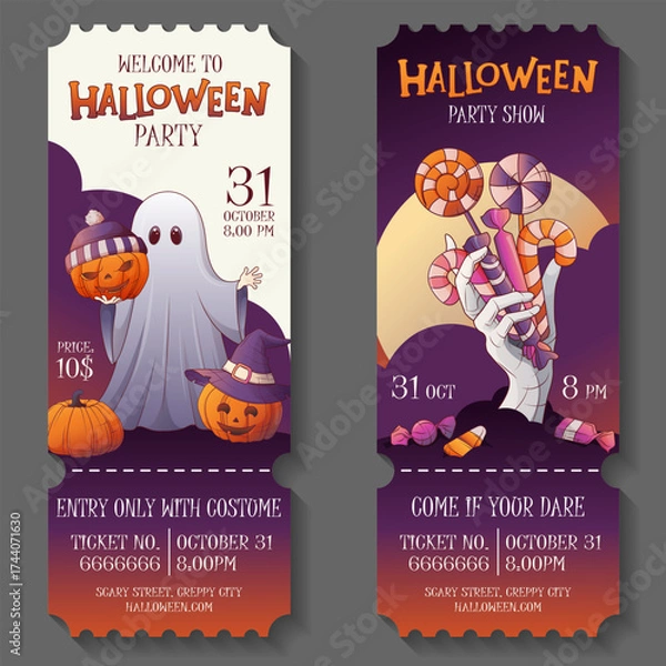 Fototapeta Set of Halloween party tickets with ghost, pumpkins, and candy hand. Spooky festive design for invitation, coupon, or flyer template. Vector illustration.